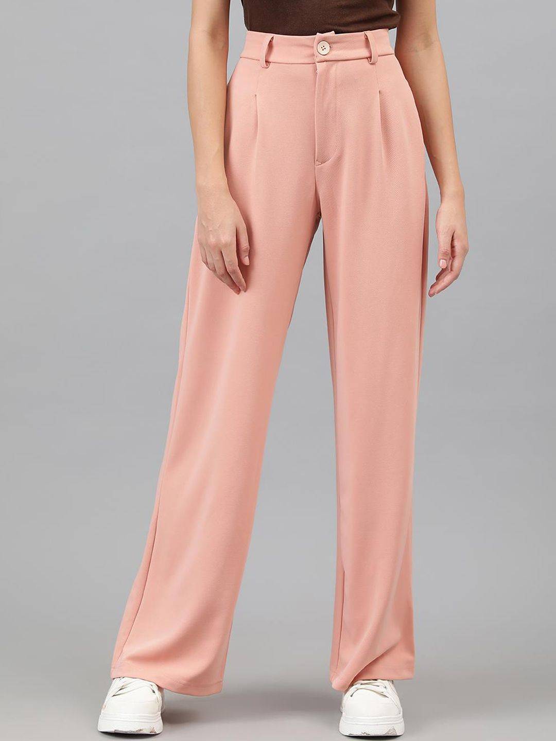 Kotty Women Pink Relaxed Straight Leg Straight Fit High-Rise Easy Wash Pleated Trousers