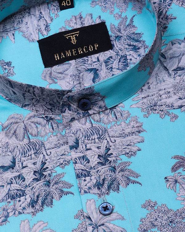 Toile de Jouy Aqua blue- Forest Printed Egyptian Gizza Premium Shirt