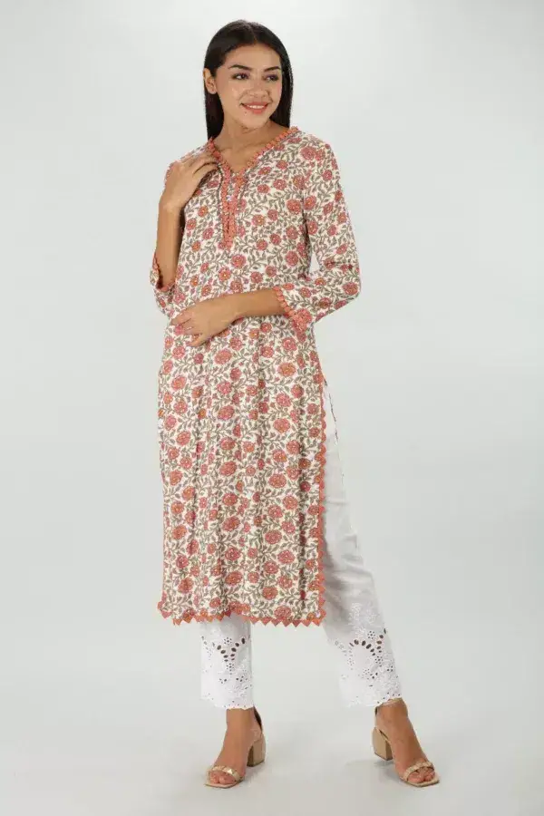 Orange Floral Print Rayon Kurti