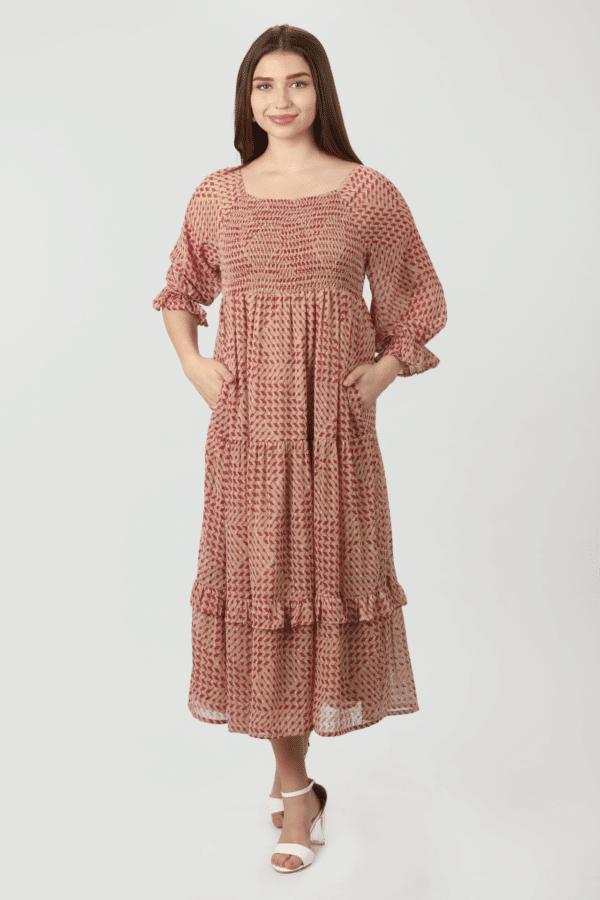 Peach Geometric printed Dress with Square Neck