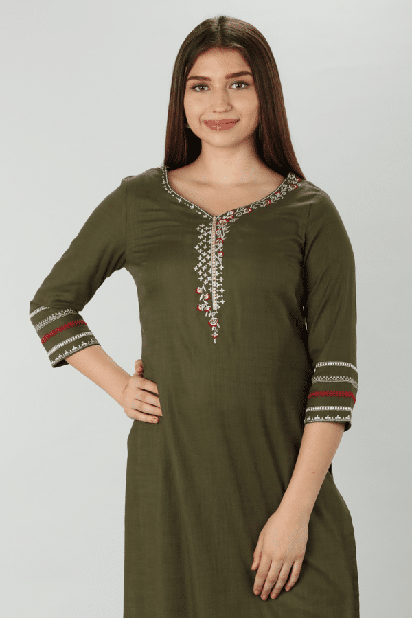 Olive Slub Embroidered Kurti