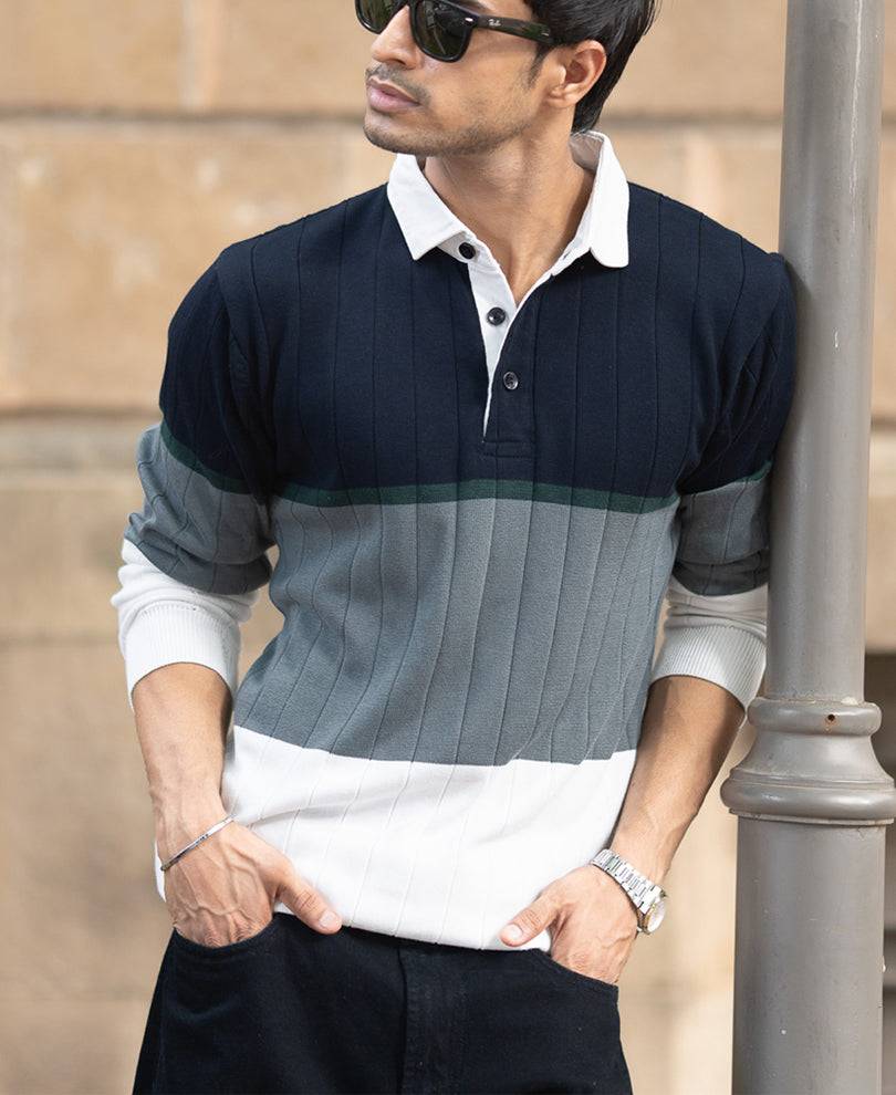 Navy Blue Panel Polo Collar Sweatshirt Buy @ ₹1199