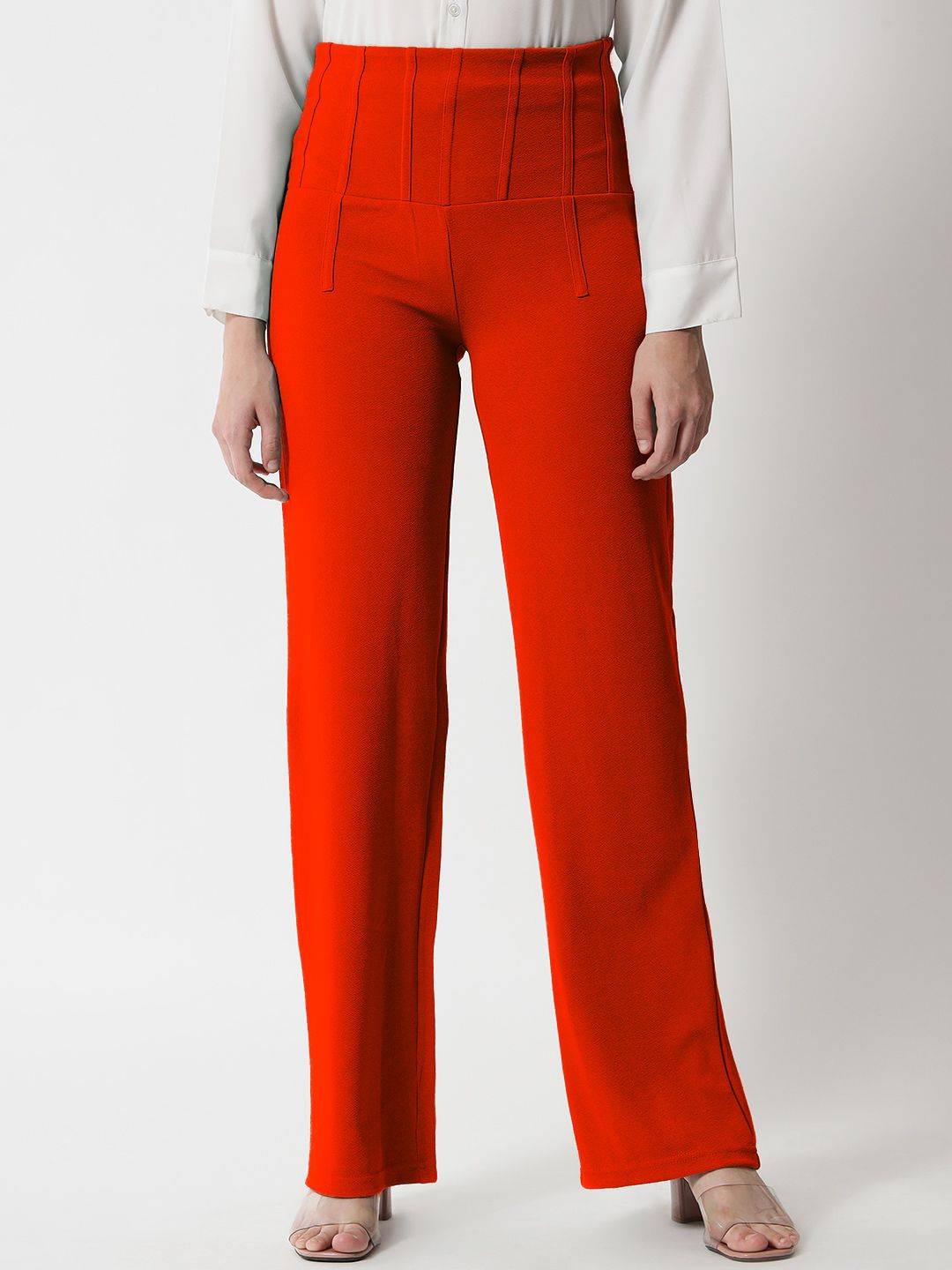 Kotty Women Orange Relaxed Straight Fit High-Rise Easy Wash Pleated Trousers