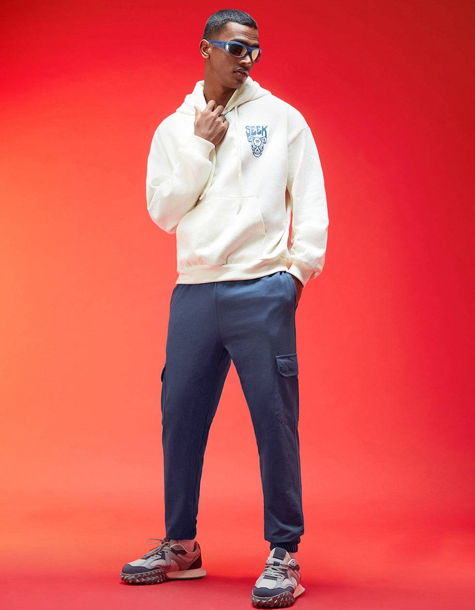 Skipper Blue Solid Baggy Fit Cargo Joggers