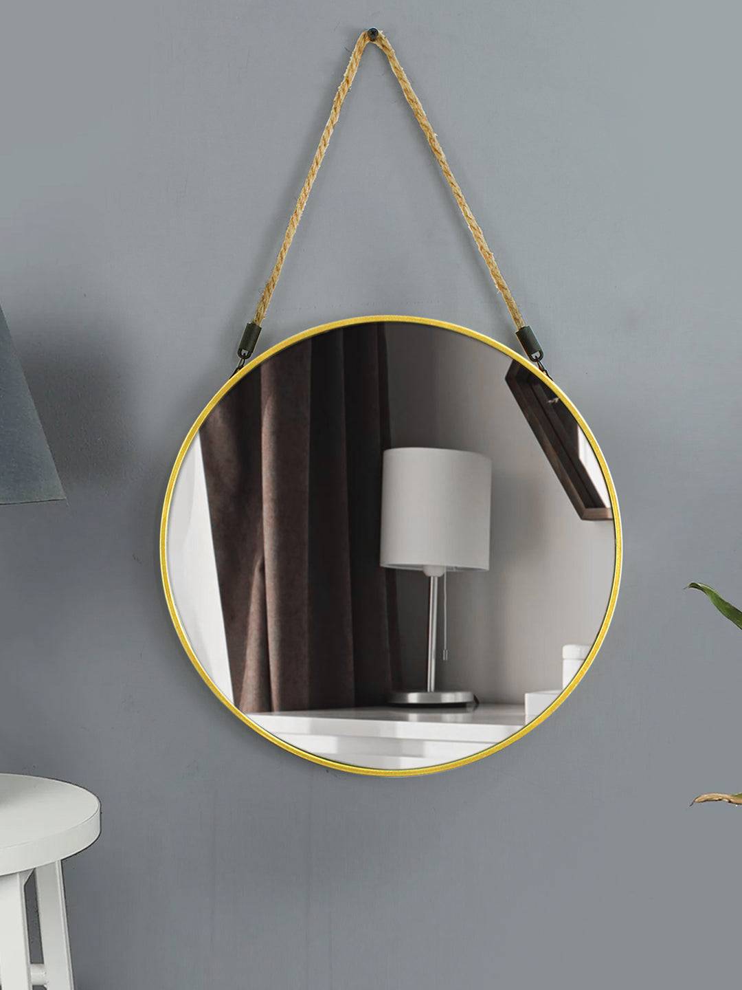 Beige Round Shaped Framed Wall Hanging Mirror