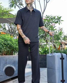 Unisex Black Textured Oversized Polo Neck Tee & Trackpant Co-ord Set