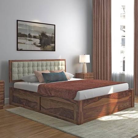 Florence Solid Wood King Size Hydraulic Storage Bed In Teak Finish