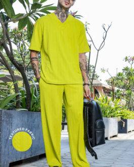 Unisex Lime Green Textured Oversized V-Neck Tee & Trackpant Co-ord Set