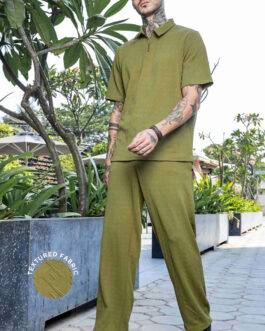 Olive Textured Oversized Polo Neck Tee & Track-pant Co-ord Set
