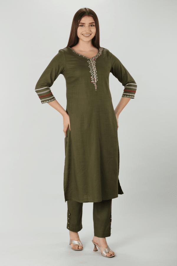 Olive Slub Embroidered Kurti