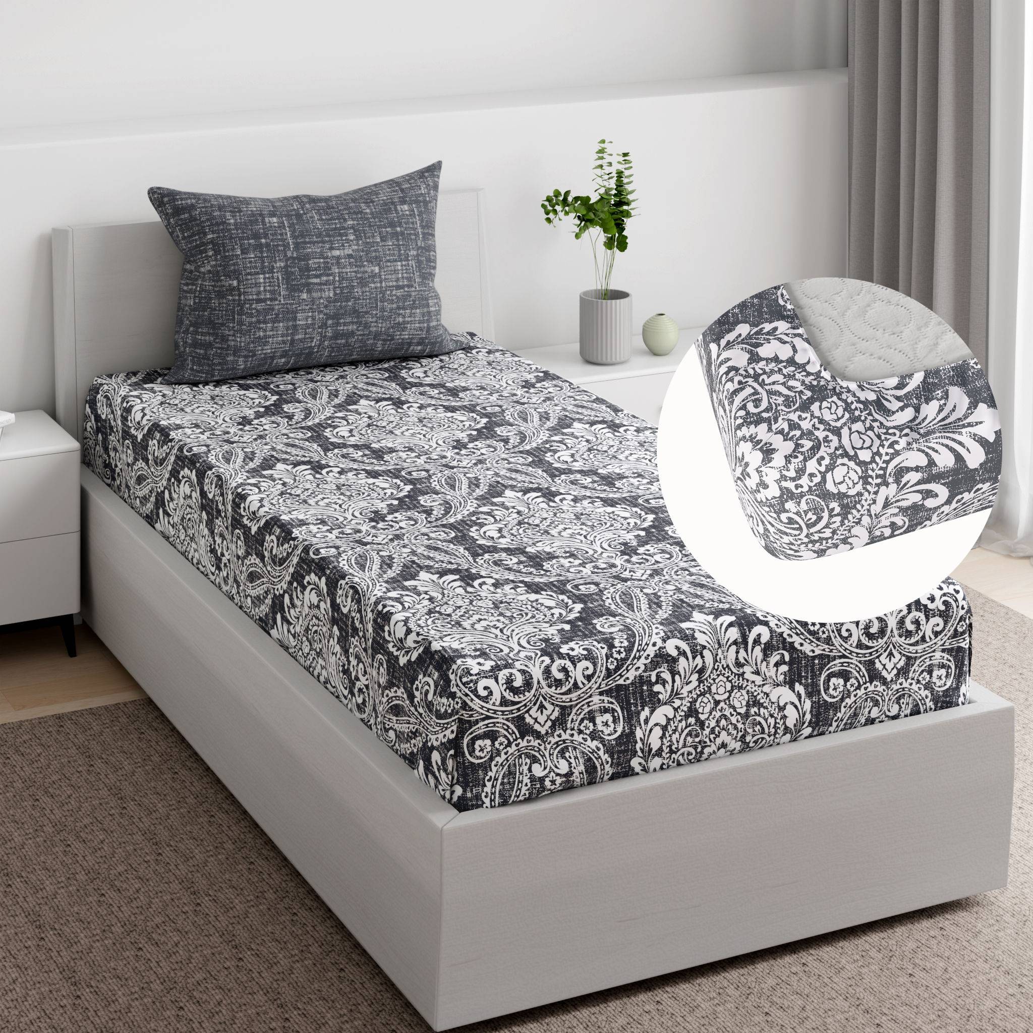 Essentials 100% Cotton Super Soft Fitted Bedsheet With 1 Pillow Cover | Temika Single, 78" x 35", Temika | 198 cm x 89 cm (78x35 inch)