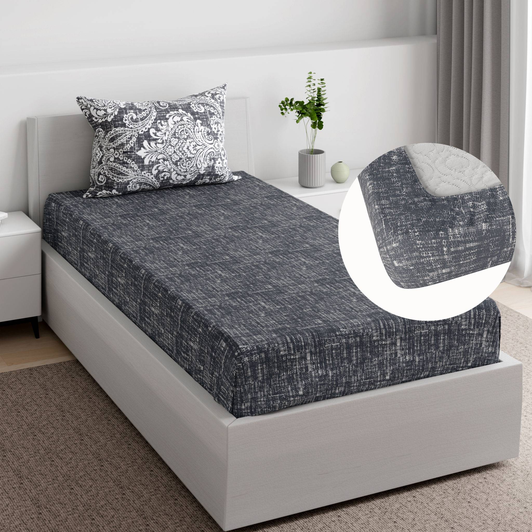 Essentials 100% Cotton Super Soft Fitted Bedsheet With 1 Pillow Cover | Temika Grey Single, 78" x 35", Temika Grey | 198 cm x 89 cm (78x35 inch)