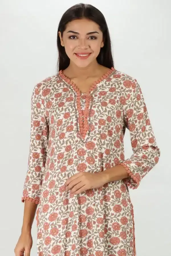 Orange Floral Print Rayon Kurti