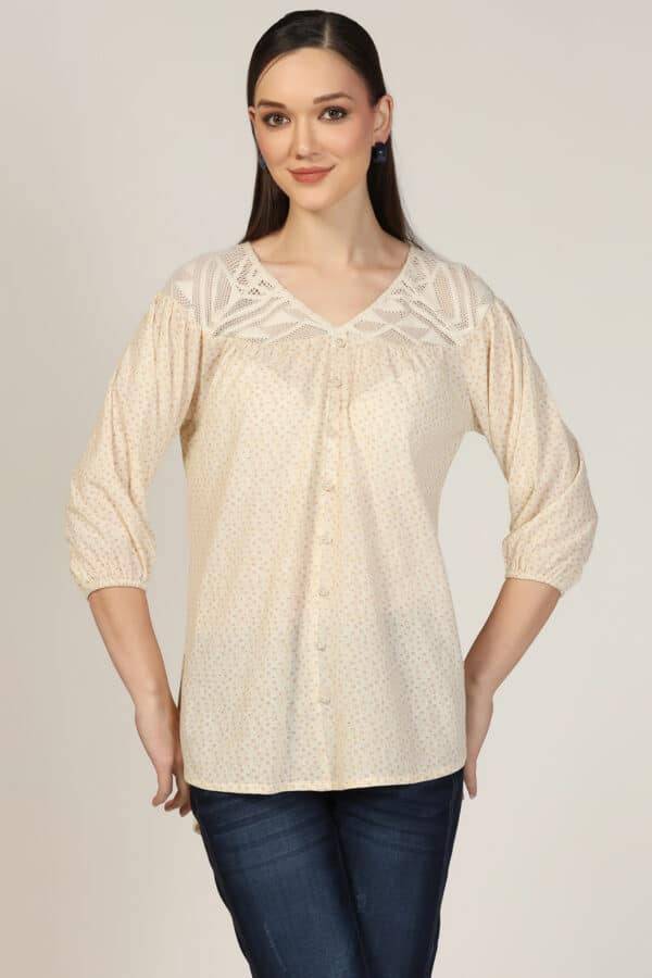 Off White Printed Rayon Crepe Casual Top
