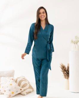 Teal Pajama Set with Wrap-Around Kimono Style Top, Modern Loungewear