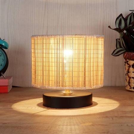 Geoffrey Beige Bamboo Shade Table Lamp with Black Iron Base