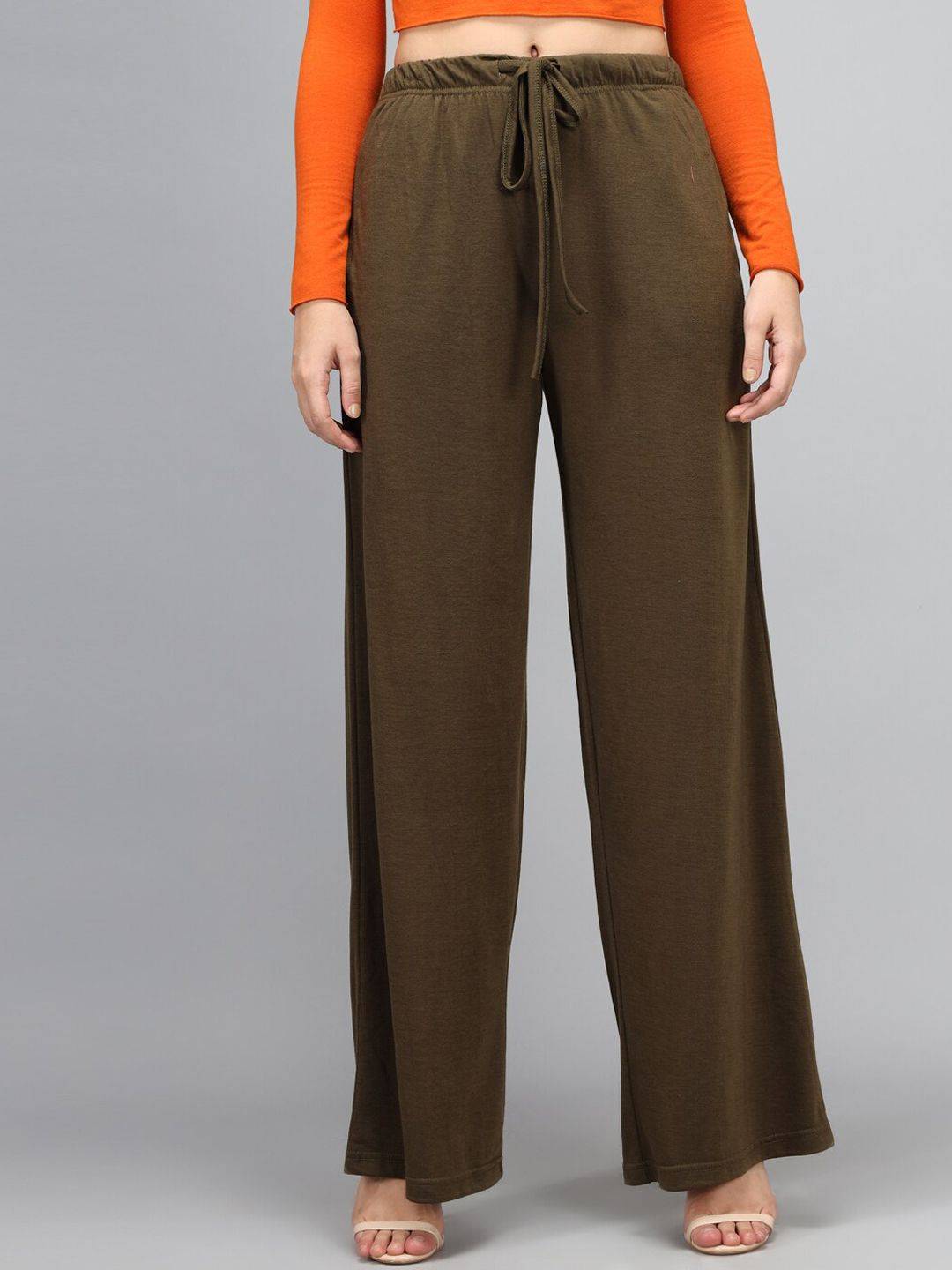 Kotty Women Olive Green Loose Fit High-Rise Parallel Trousers