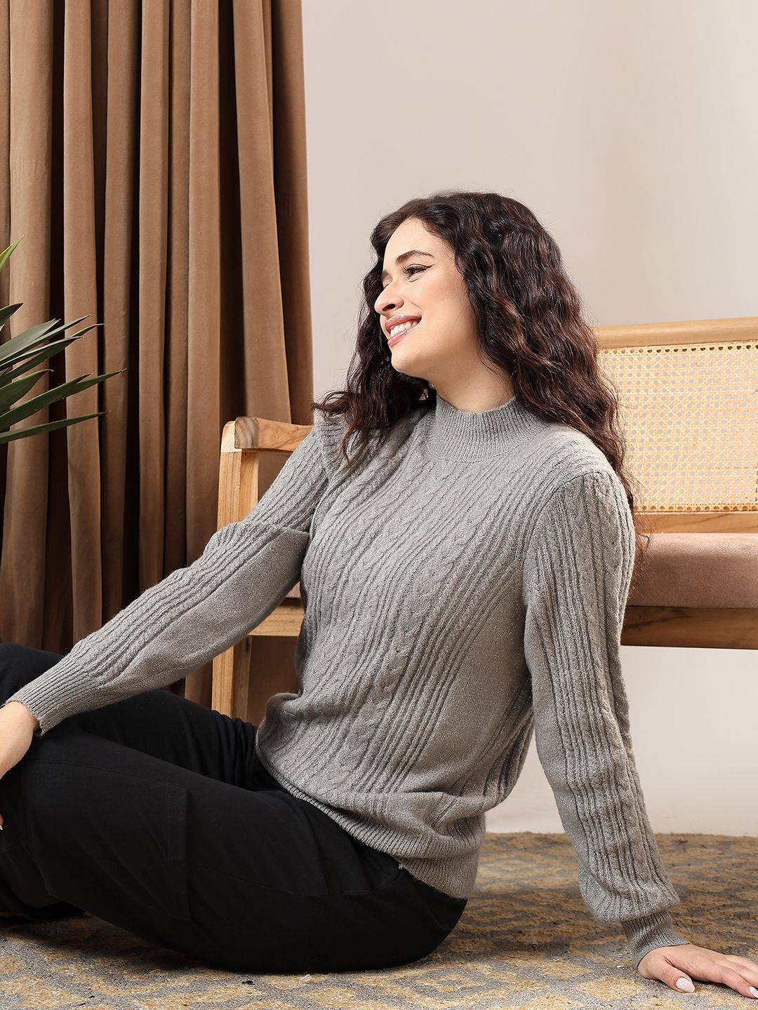 Kotty Women High Neck Cable Knit Pullover Sweater