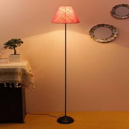 Makari Pink Natural Fiber Floor Lamp with Black Iron Base