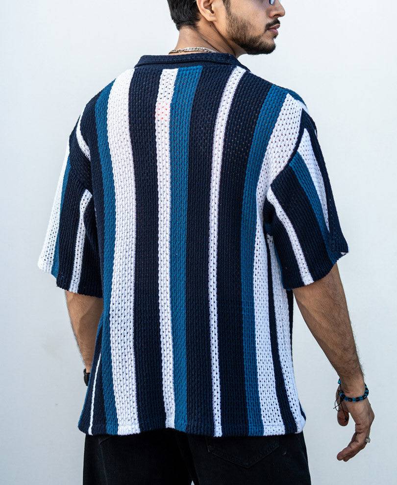 Multicolor Crochet Knit Striped Oversize Drop Shoulder Shirt Buy @ ₹999