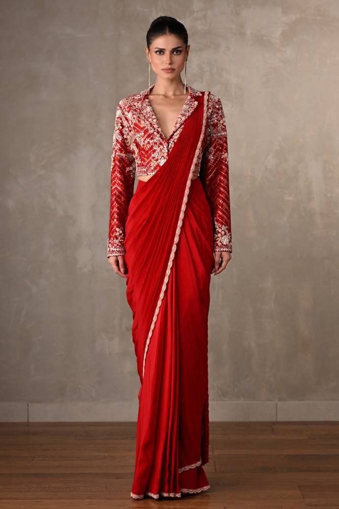 Red Embellished Crepe Drape Saree Set Buy at ₹34495