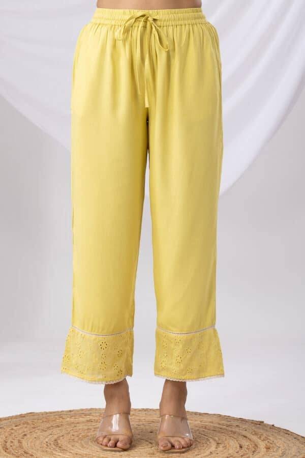 Solid Yellow Palazzo Pant with Tencel Twill & Schiffli Embroidery