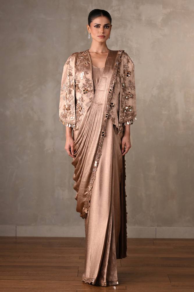Dusty Beige Embellished Satin Drape Gown With Jacket Buy at ₹36995