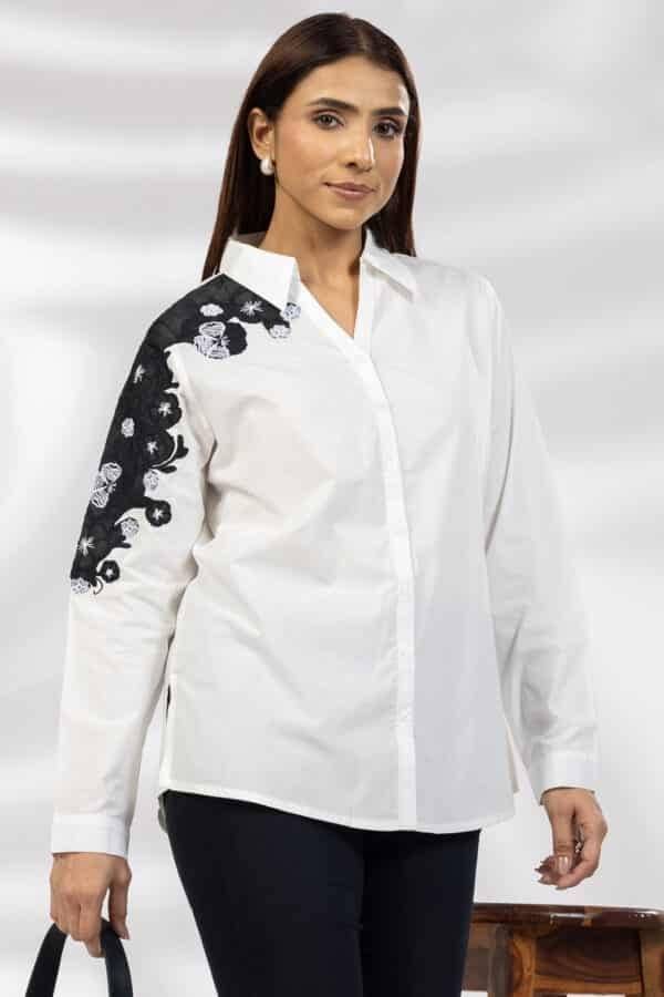 White Embroidered Cotton Shirt with Collared Neck & Full Sleeves