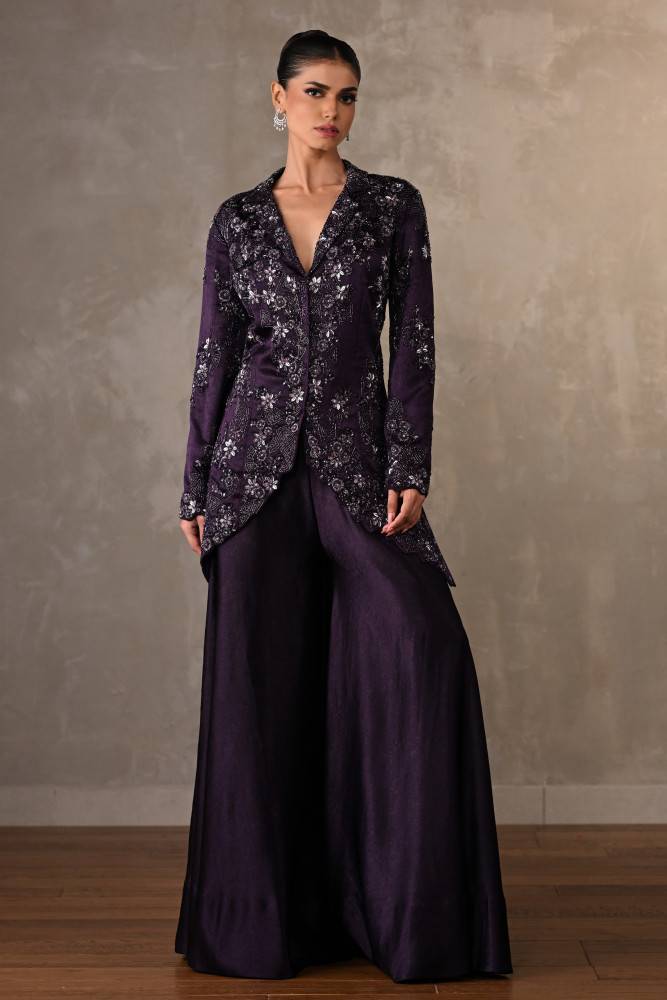 Embroidered Jacket-Sharara Satin Set Buy at ₹30495