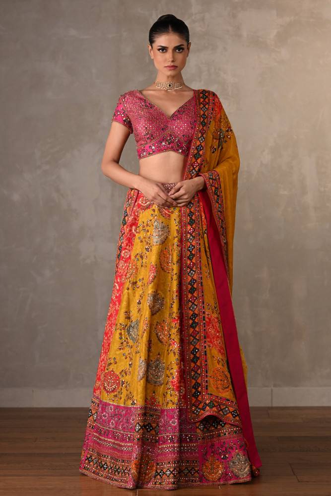 Multicolour Panelled Silk Embroidered Lehenga Set Buy at ₹56495