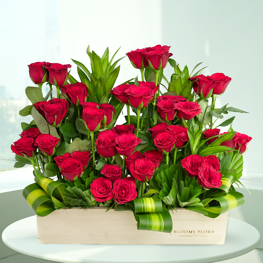 Red Roses Arranged in Wooden Box