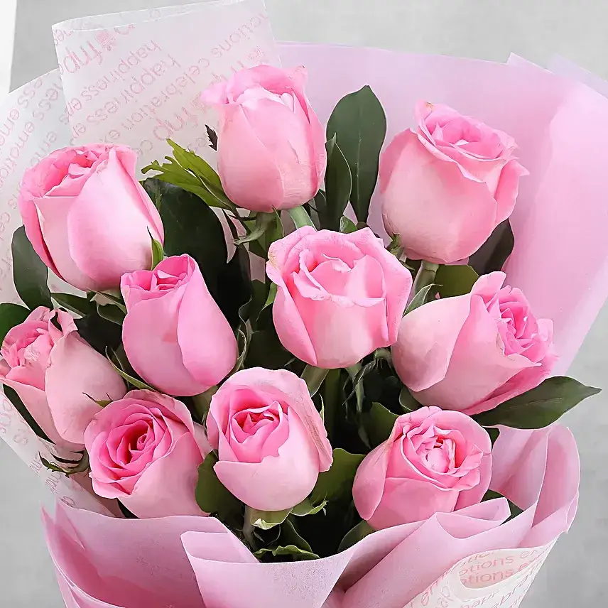 11 Pink Roses In Brown Paper