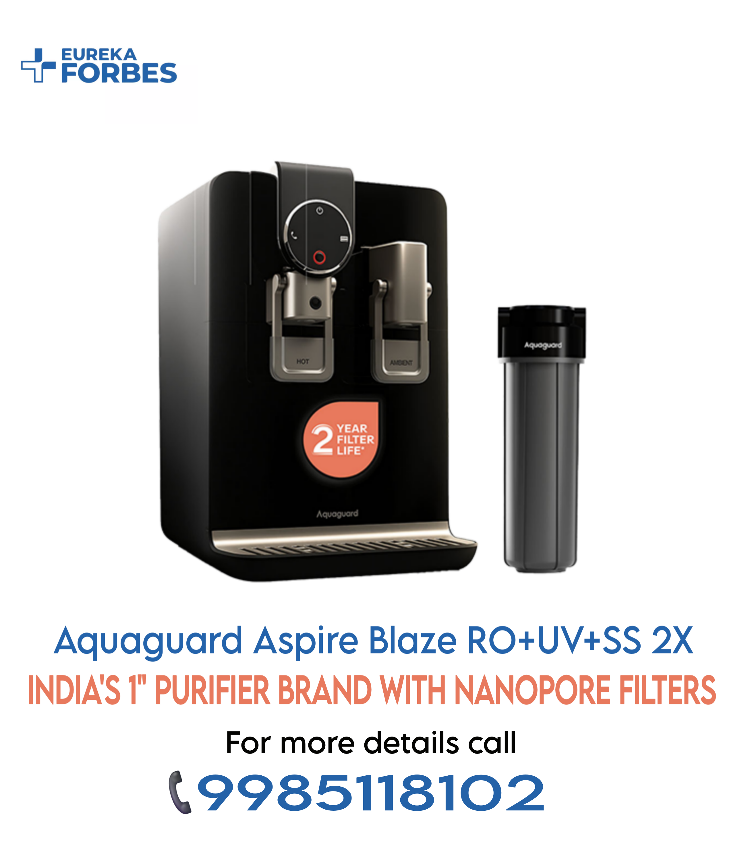 Aquaguard Blaze RO+UV Stainless Steel 2X Water Purifier | 2 Year Filter Life | With Mega Sediment Filter