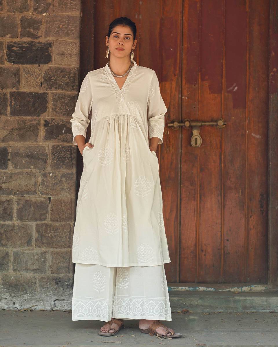 Bone China Light Ivory Block Printed Kurti - SFD