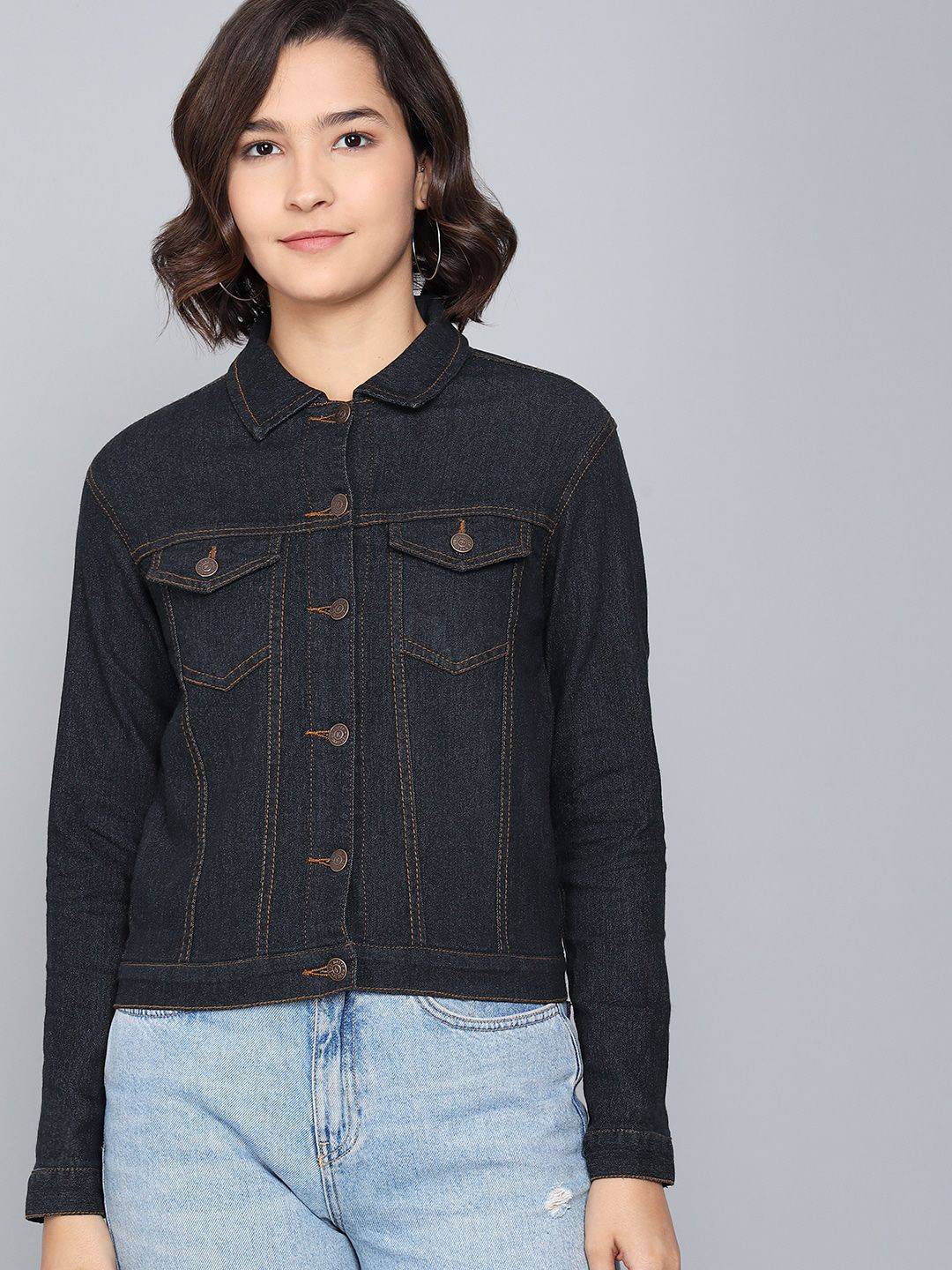 Kotty Women Navy Blue Washed Cotton Denim Jacket