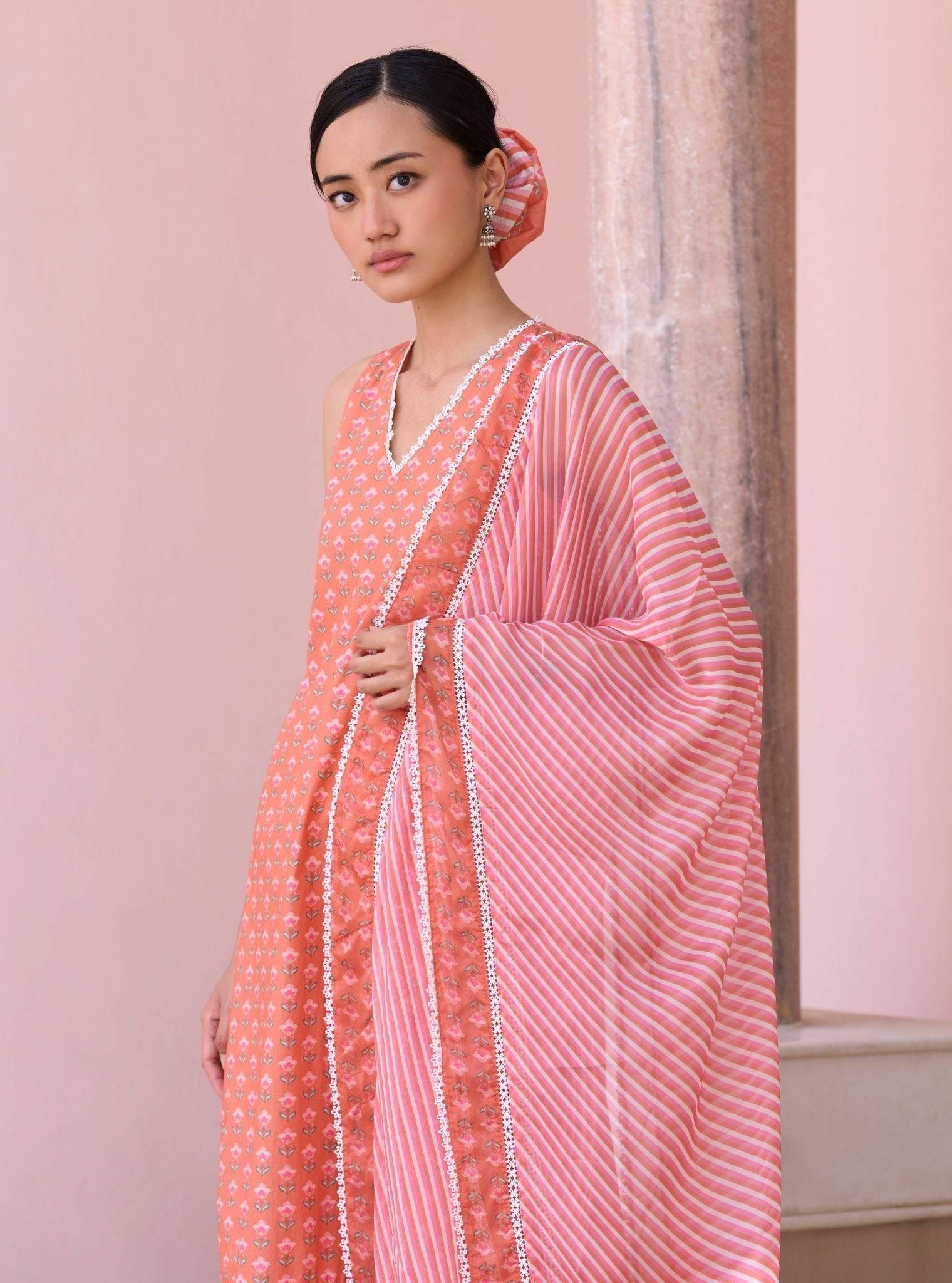 Rajvella Orange Mulmul Cotton Kurta & Pant Set