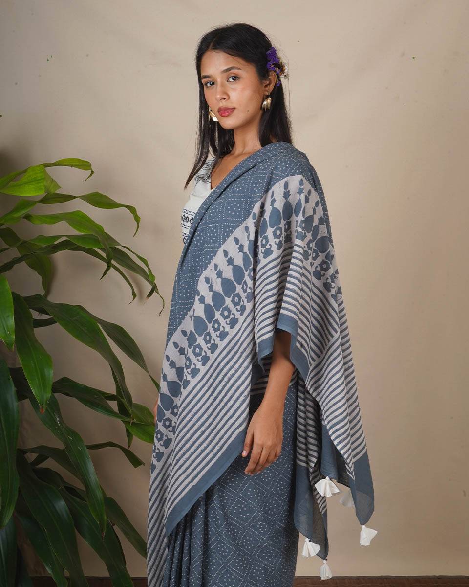 Stone Hush Grey Block Printed Saree - BMS