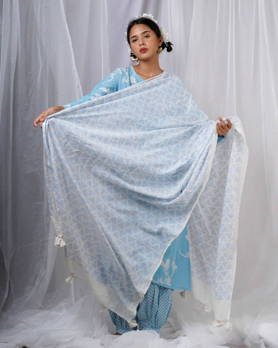 Chikki Blue Hand Block Printed Dupatta-BAD