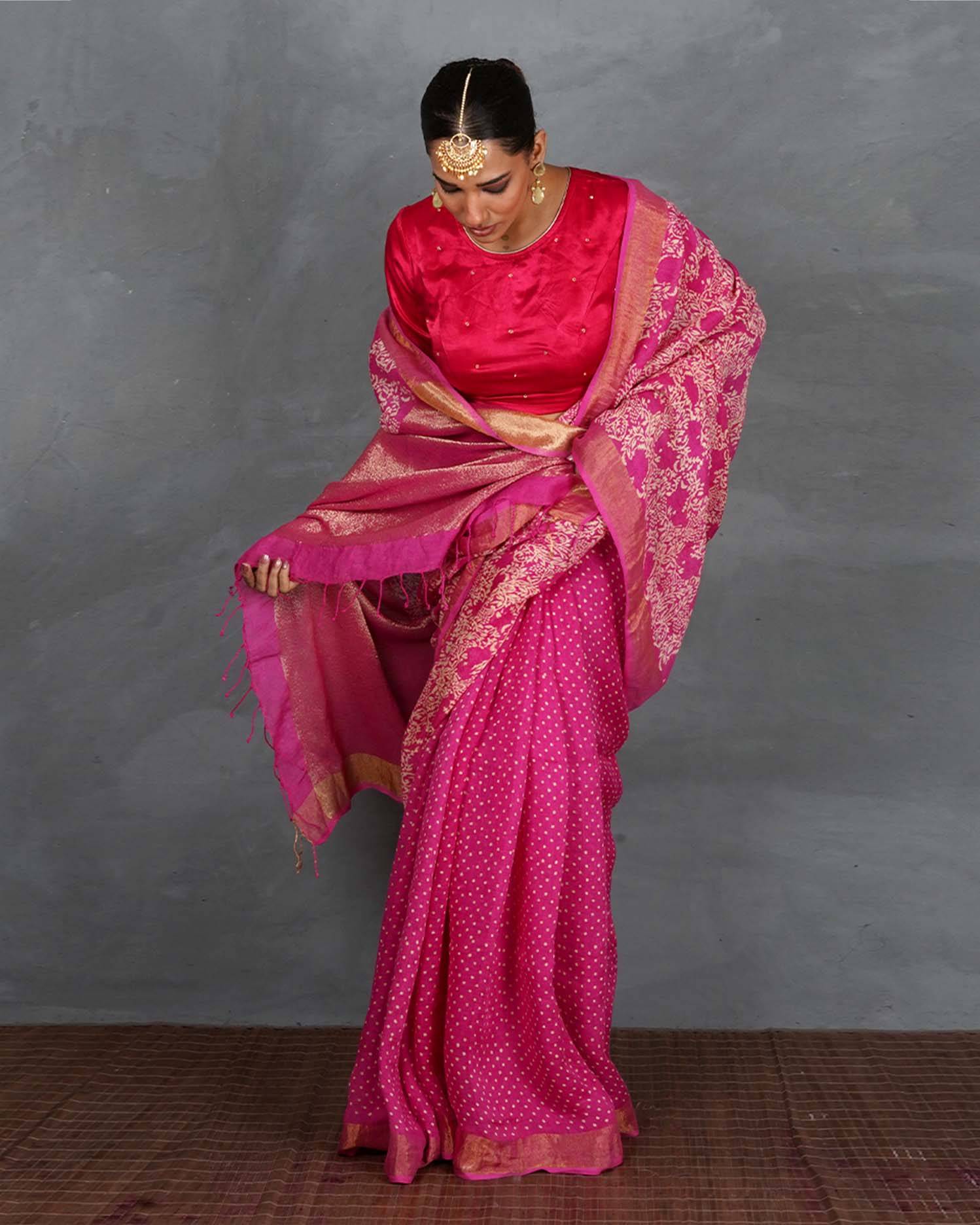 Fiza Pink Handblock Linen Saree - TARA