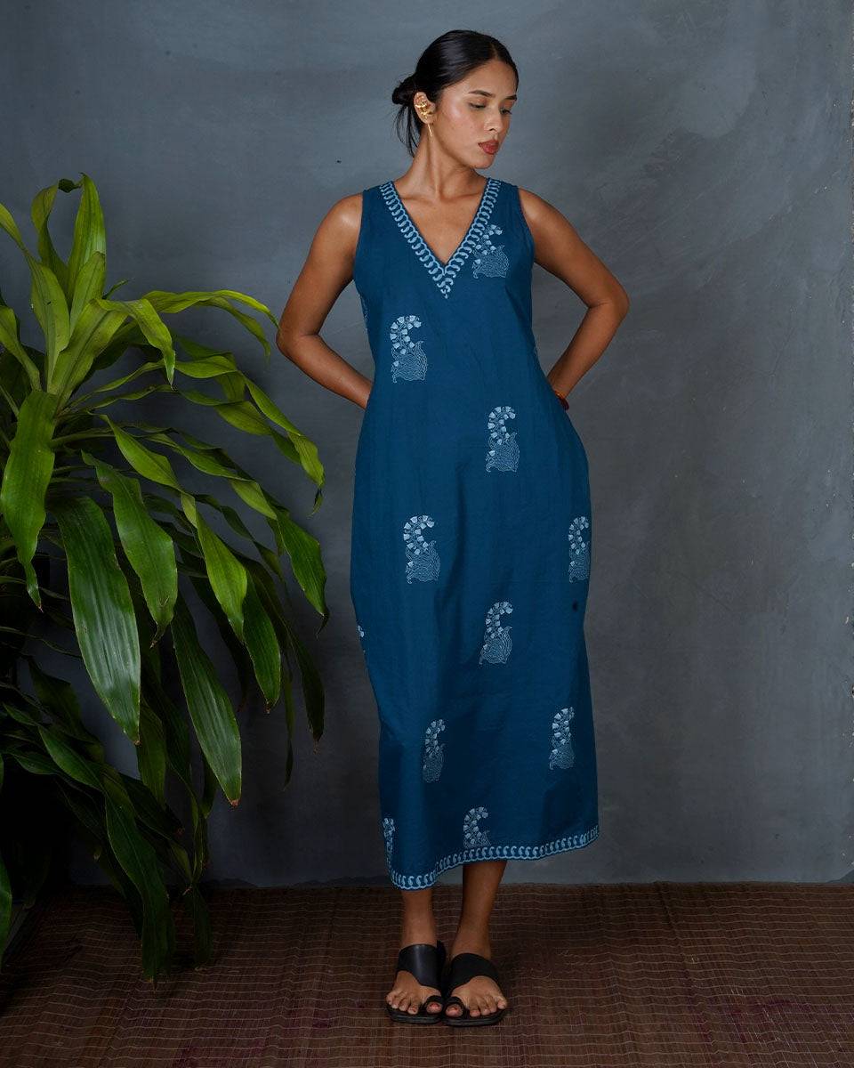 Neeraja Teal Green Hand Block Printed Dress-MYA