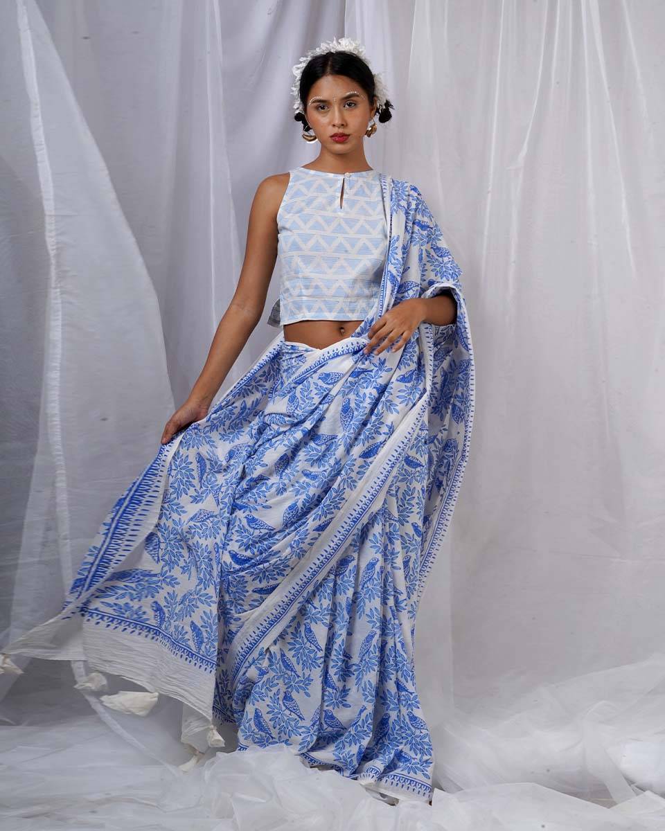 Rimi Ivory Hand Block Printed Saree-BAD