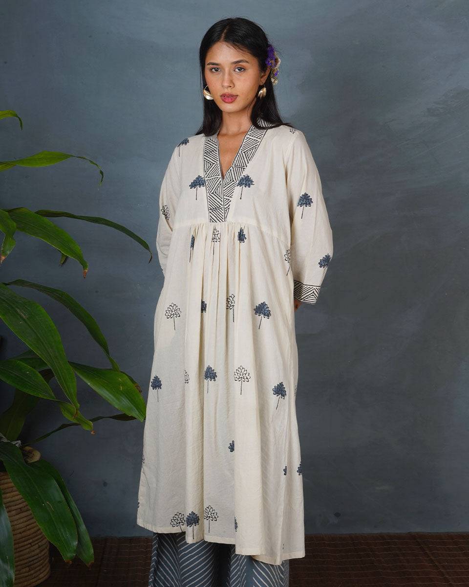 Grey Bloom Ivory Block Printed Kurti - BMS