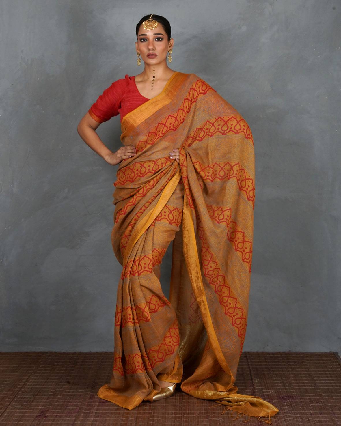 Deepika Mustard  Handblock Linen Saree - TARA
