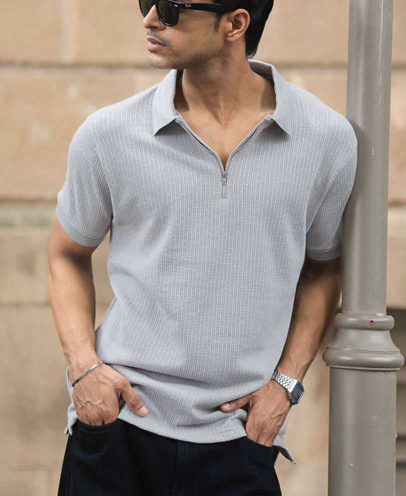 Grey Structured Regular Fit Half Sleeves Zipper T Shirt Buy @ ₹699