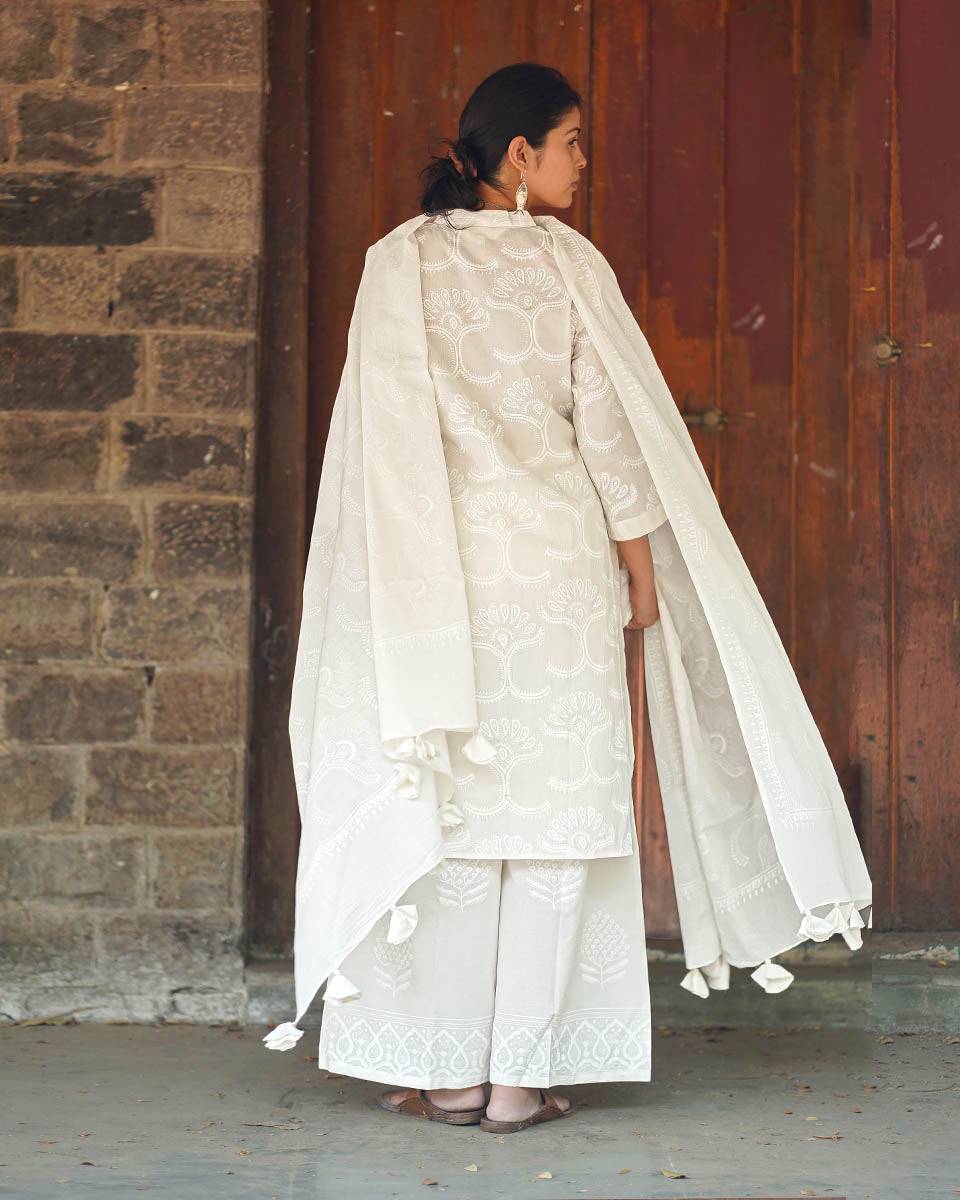Desert Milk Ivory Block Printed Dupatta - SFD