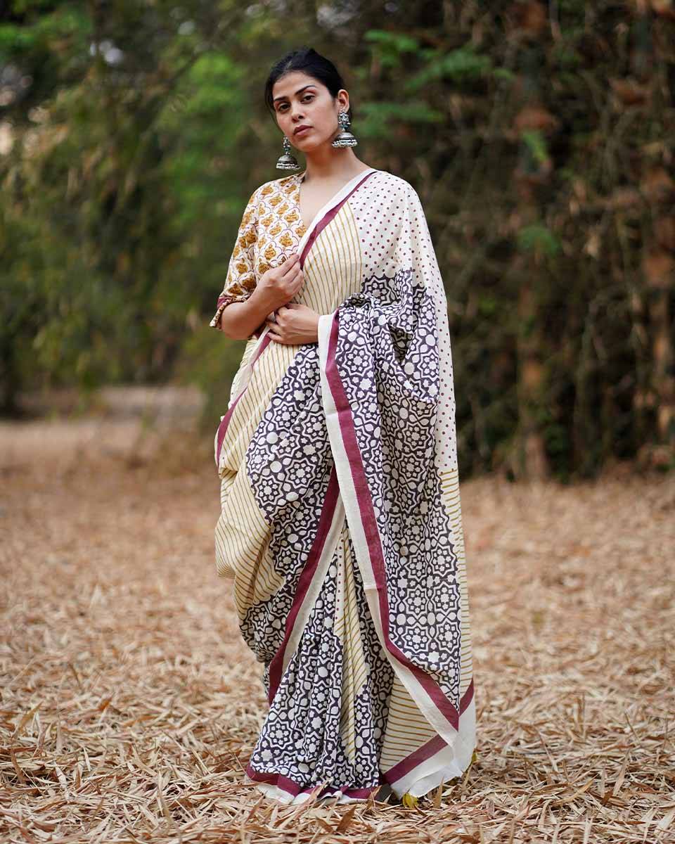 Badal Pe Paon Ivory Block Printed Cotton Saree - WW