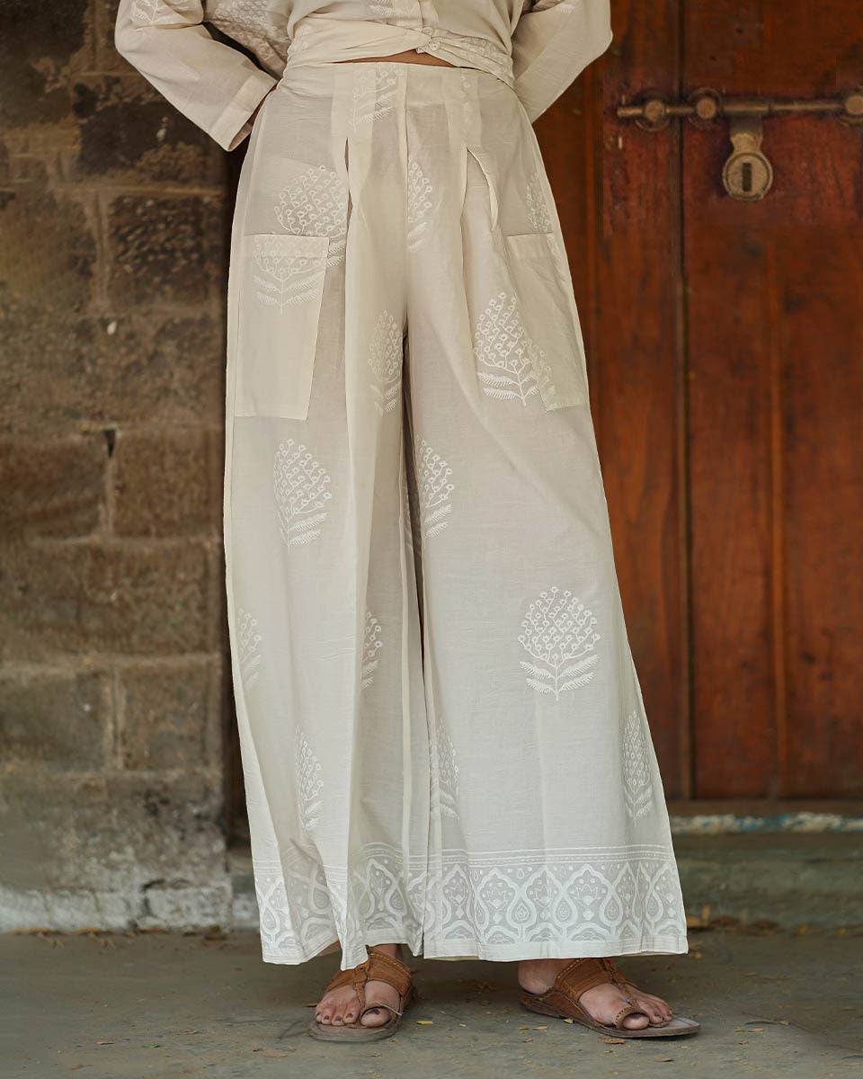 Coconut Frost Ivory Block Printed Pants - SFD