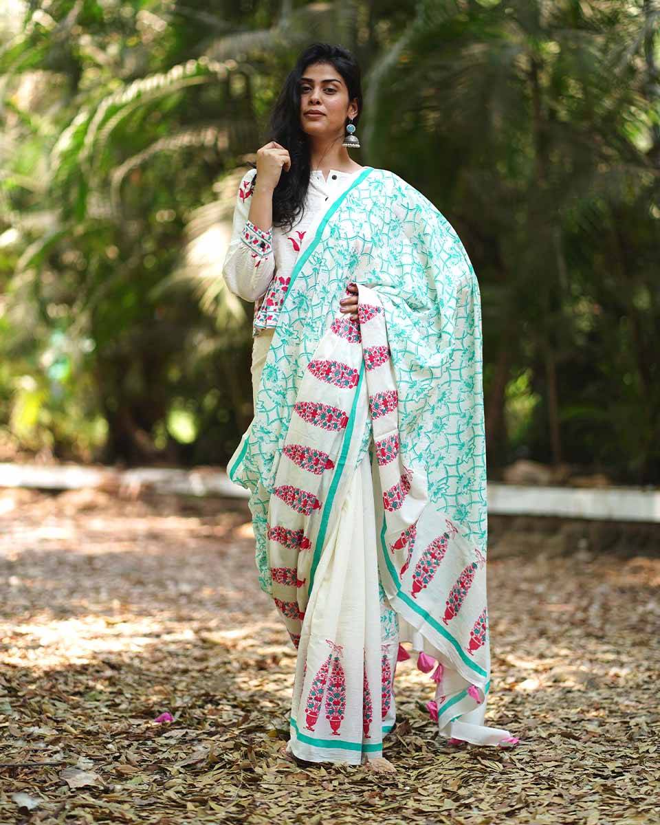 Jasmine's Joy Ivory Block Printed Saree - MMG