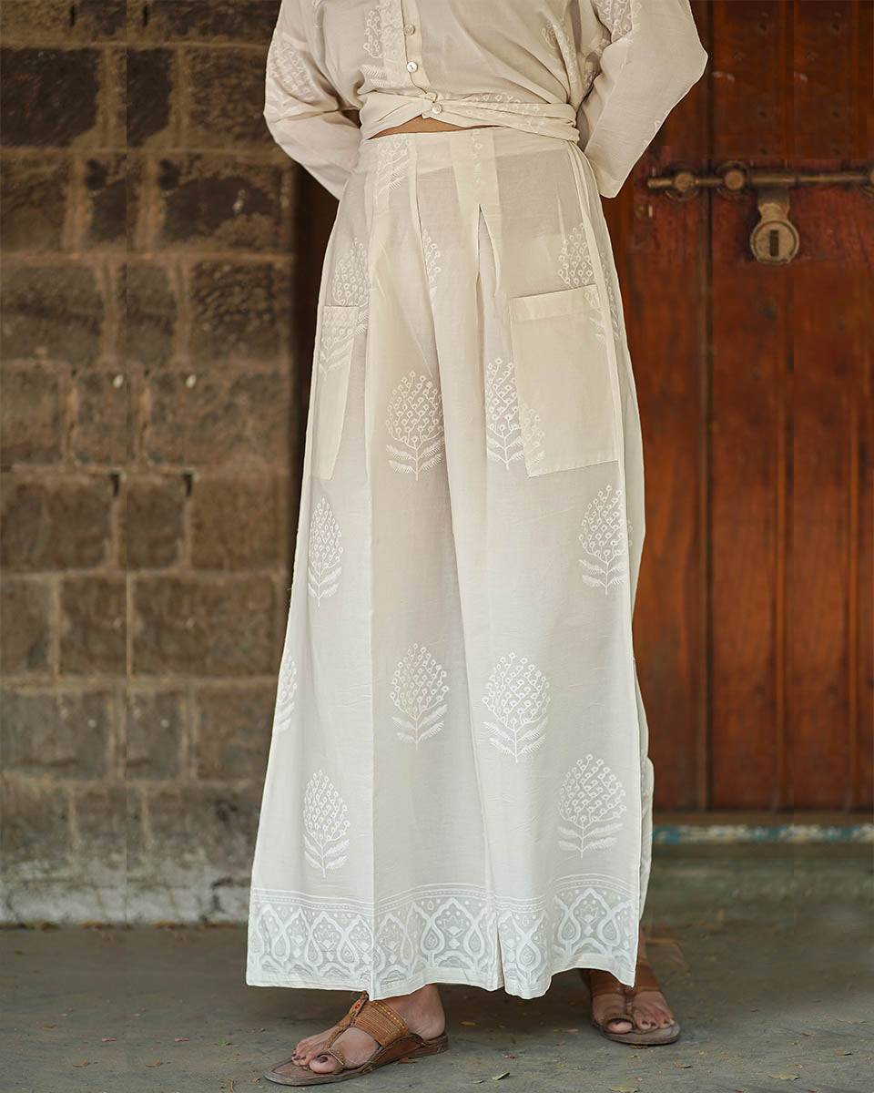 Coconut Frost Ivory Block Printed Pants - SFD