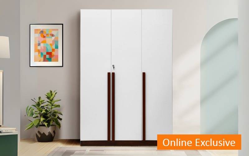 GUDSMITH Haven 3 Door Wardrobe with Long Wooden Handel In Frosty White & Columbian Walnut Finish